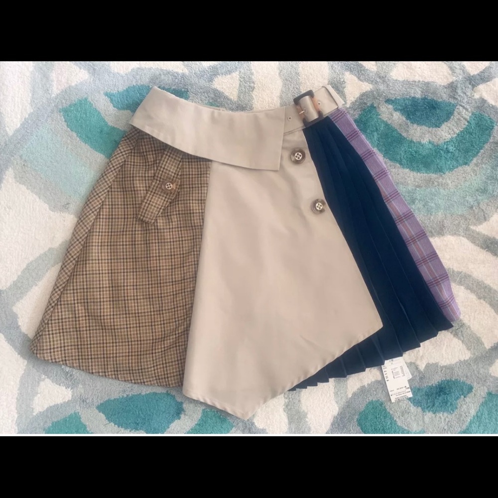 Redyazel Plaid Pleated Skirt Skort Purple Navy Trench Style Flap Wearable Art JP
